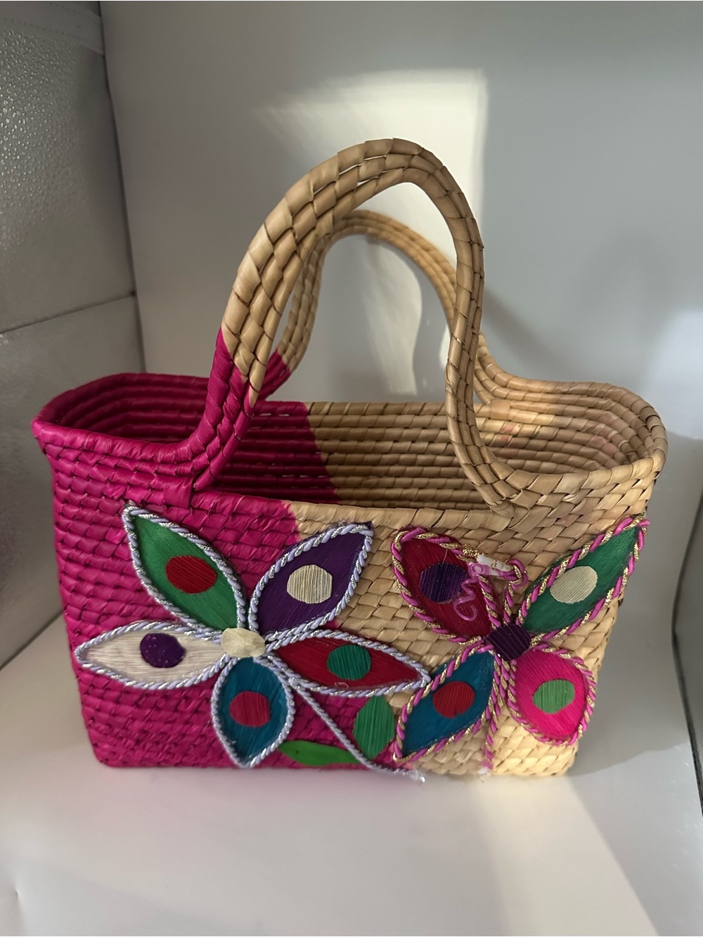 Handwoven Pink & Natural Straw Tote with Colorful Floral Appliqué